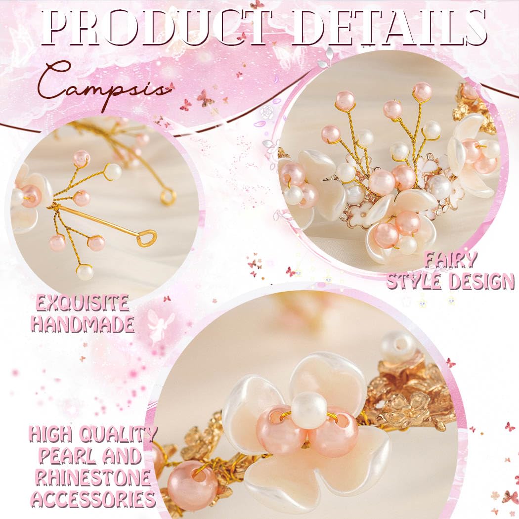 Campsis Flower Fairy Headband Gold Elf Forest Hair Bands Crystal Elven Headpiece for Women and Girls