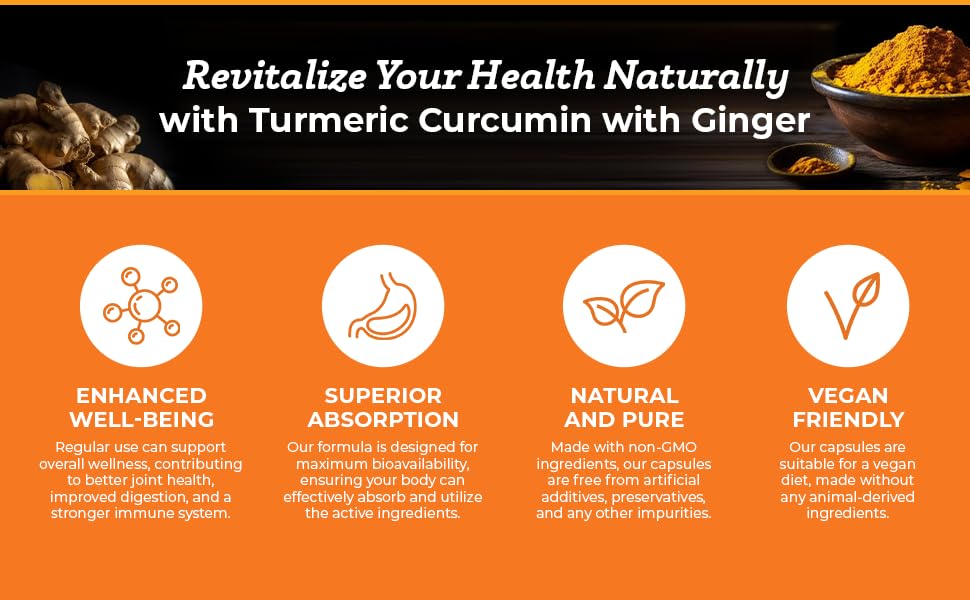 Viva Doria Turmeric Curcumin with Ginger, 95% Standardized Curcuminoids, Turmeric Herbal Extract, 1800mg, 120 Capsules