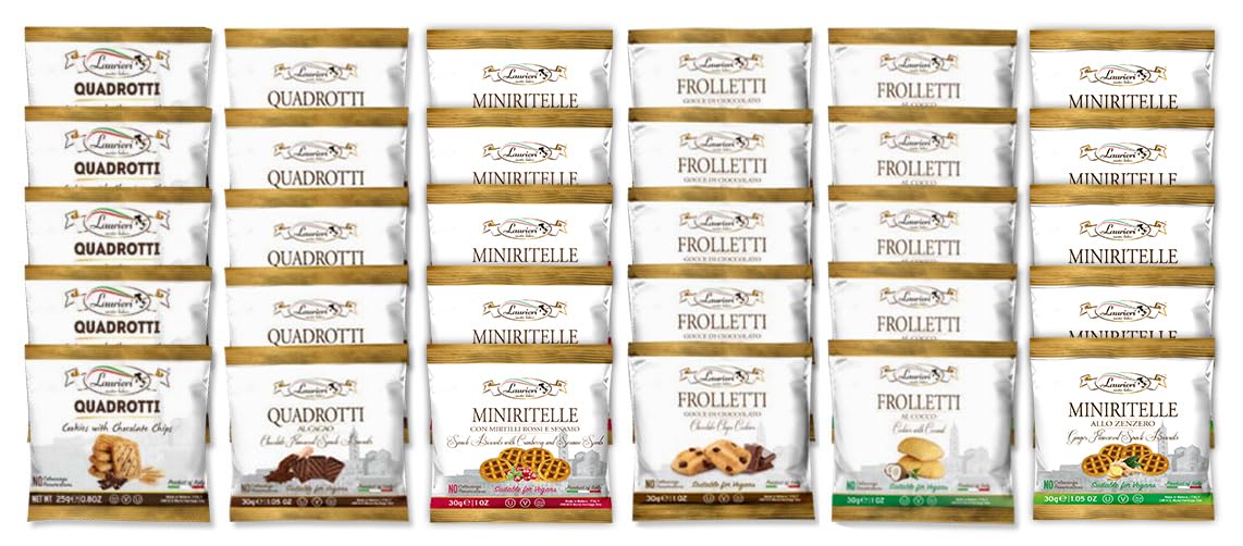 Cookies Variety Pack - Shortbread Cookie Gift Box - Assortment of 30 Packs - Gourmet Italian Cookies Individually Wrapped - Tea Cookies - Chocolate, Chocolate Chips, Coconut, Cranberry & Sesame, Ginger & Cinnamon - Kosher, Vegan