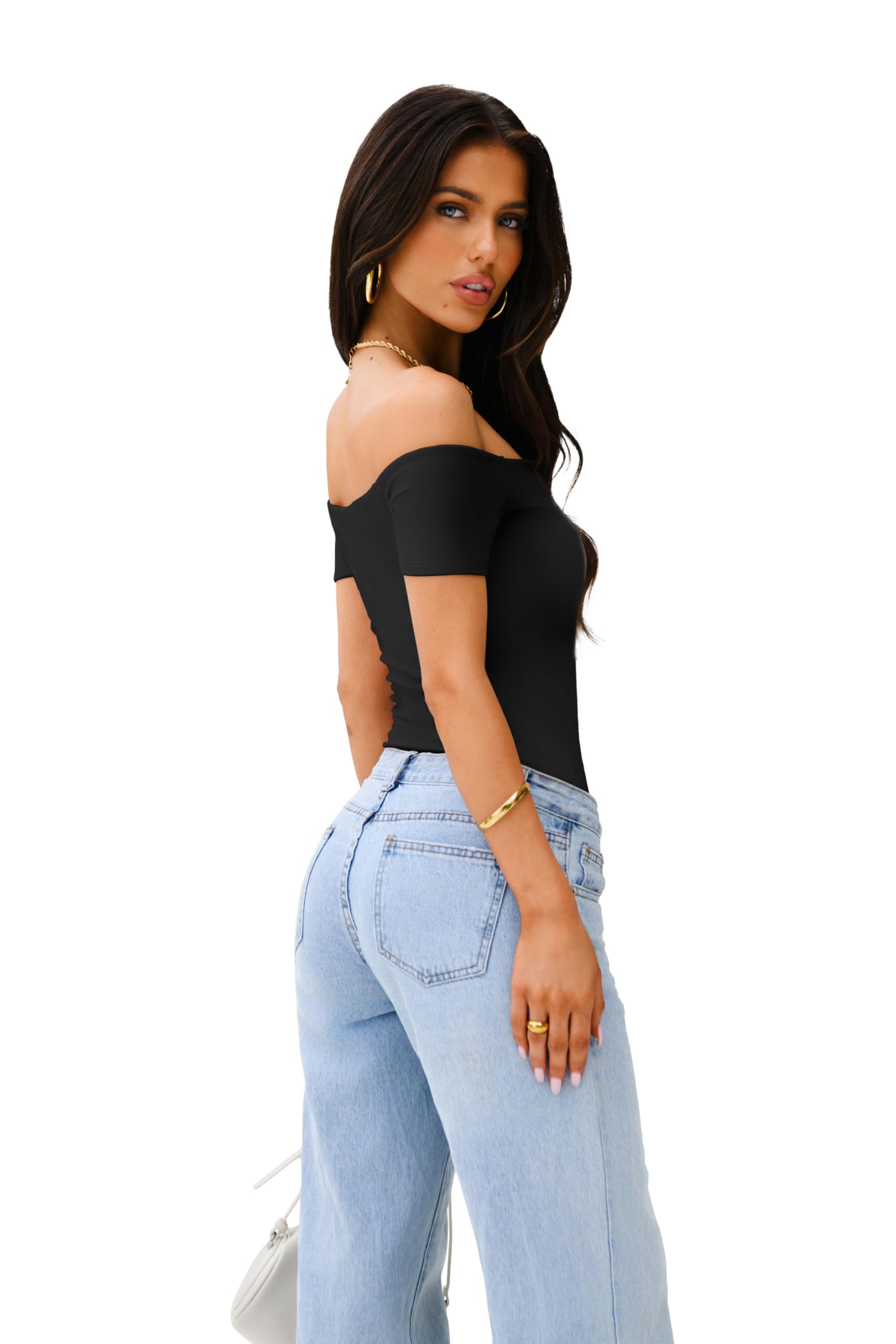 REORIA Womens Sexy Casual Off The Shoulder Short Sleeve Backless Going Out Double Lined Fitted Thong Bodysuit Tops Black Onyx Small