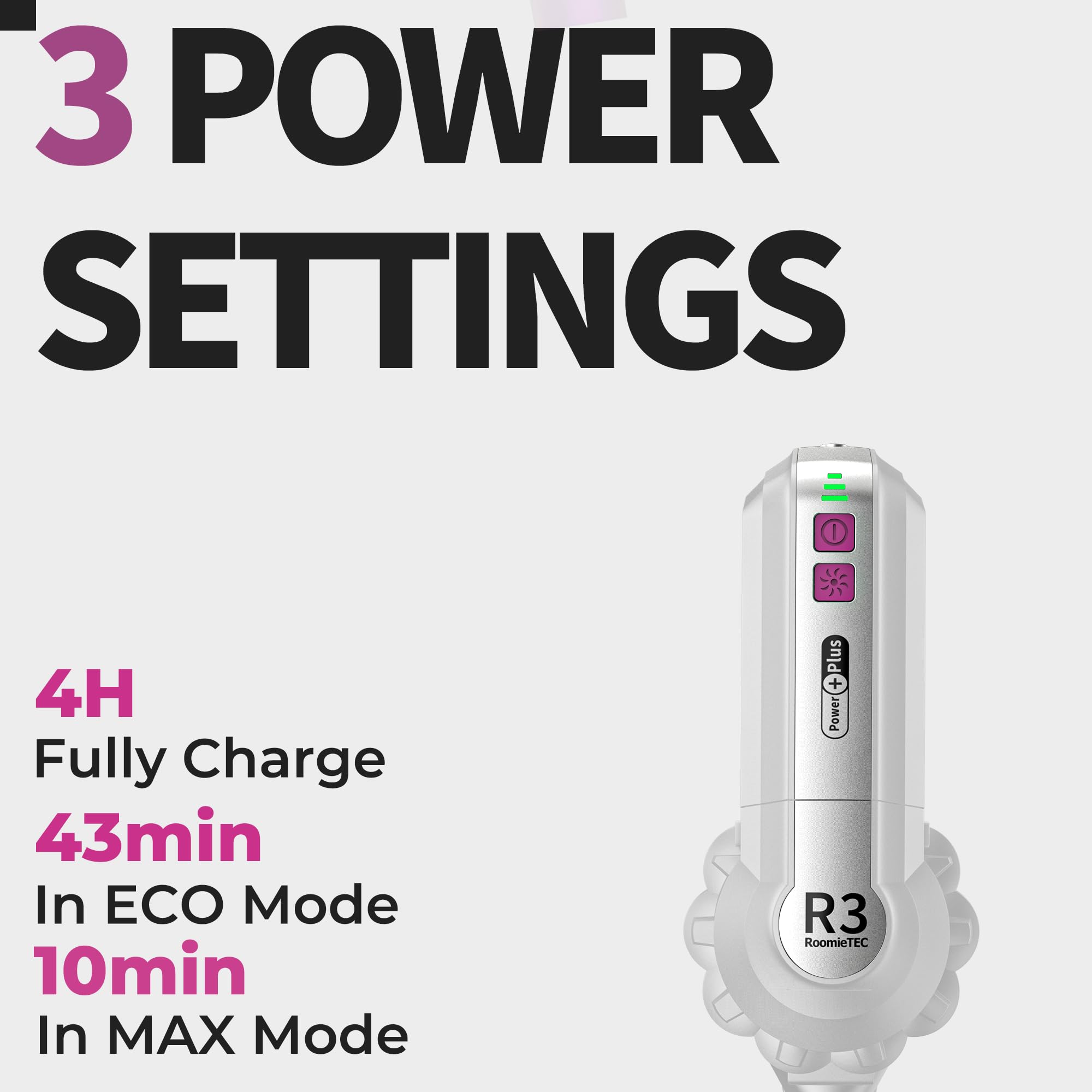 ROOMIE TEC R3 Cordless Stick Vacuum Cleaner, Fadeless Suction Power for Floor and Carpet, Up to 43 Min Powerful Battery, Bagless, Large Capacity, Extra Wide Roller, LED Headlights, and HEPA Filtration
