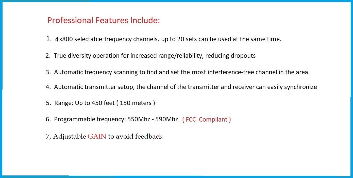 GTD Audio 4x800 Adjustable Channels UHF Diversity Wireless Cordless Lavalier/Lapel/Headset Microphone Mic System 400fts (4 Body Packs)