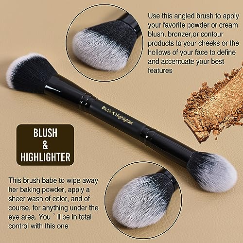LORYP Black Makeup Brushes 2Pcs Duo End Foundation Powder Brush Set, Blush & Highlighter Brush and Round & Flat Foundation Brush