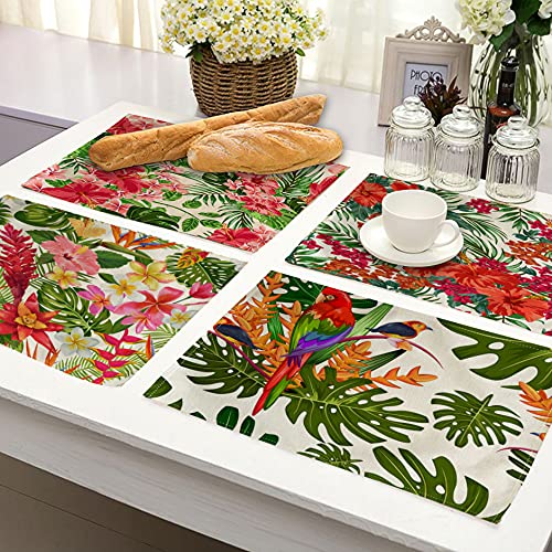 Tropical Leaves Table Mats Set of 4 Parrot &Red Flower &Monstera Palm Patter Placemats Waterproof Heat Resistant Washable Non-Slip Place Mats for Dinner Room Kitchen Decor Table 12”×16” (Red)