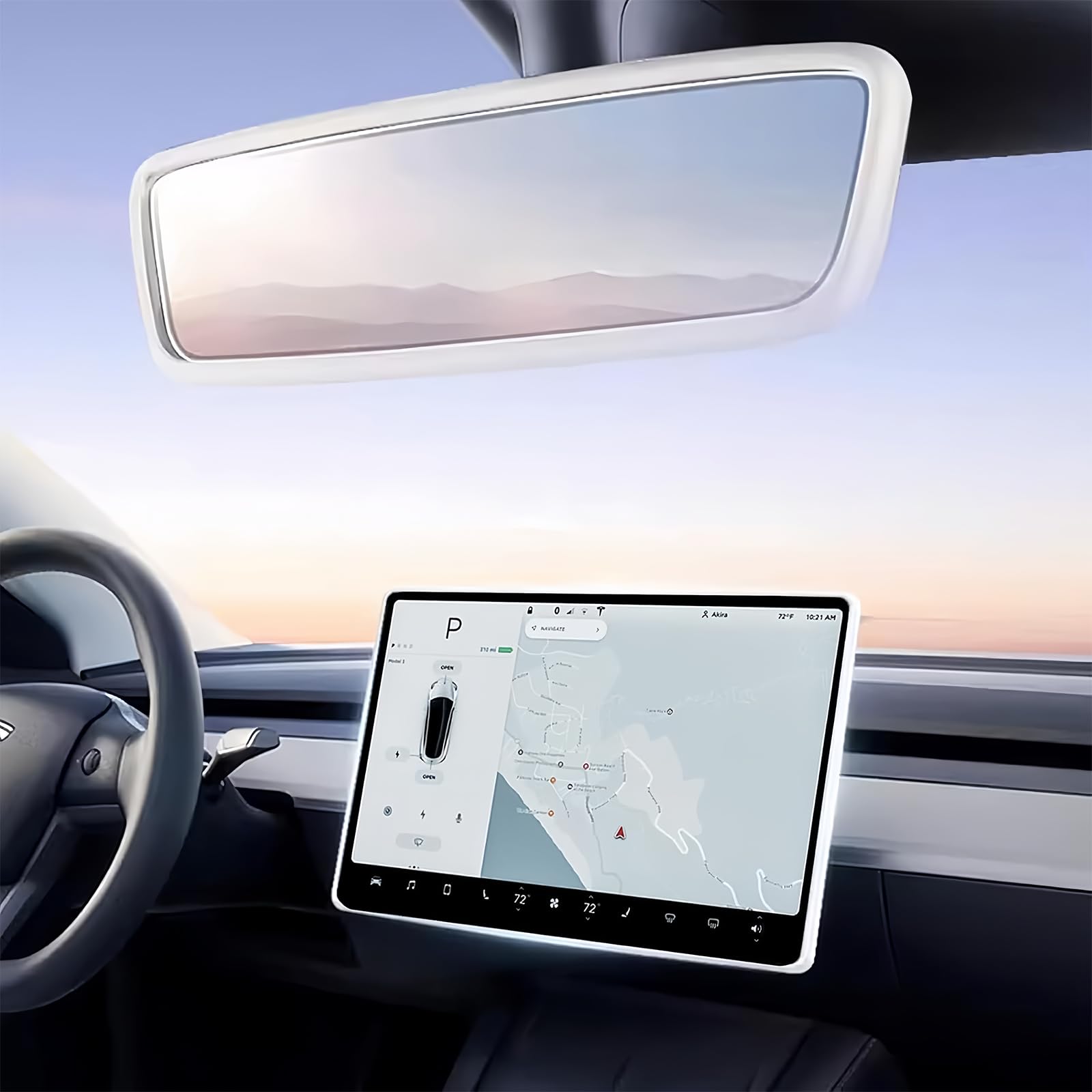 2PCS Protector Trim Frame Compatible with Tesla Model 3 Y 2020-2024 2026 Screen Edge Frame Rearview Mirror Cover Interior Silicone Decorations Center Console Decor Highland Juniper Accessories (White)
