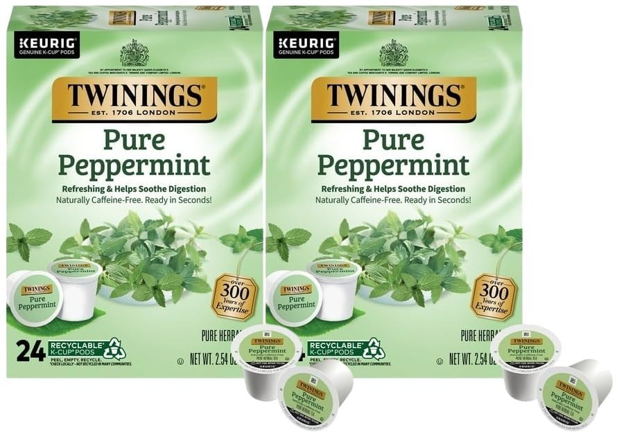 Twinings Pure Peppermint Herbal Tea K-Cup Pods for Keurig, 24 Count (Pack of 2), Made with 100% Pure Peppermint, Naturally Caffeine-Free, Enjoy Hot or Iced