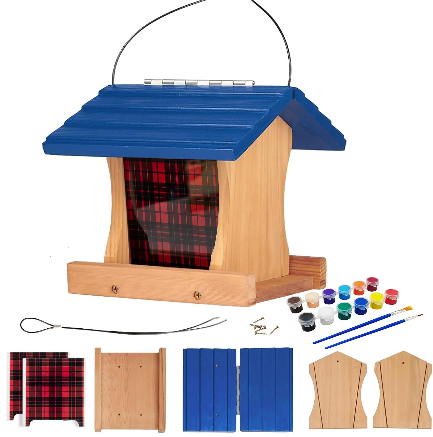 Ranch Hopper Bird Feeders for Outside Extra Thickness 13/16", Bird Feeder Kit for Kids to Build - Alaskan Red Cedar Wood Birdhouse Building with Hanging Cable, Paints and Brushes -Patented