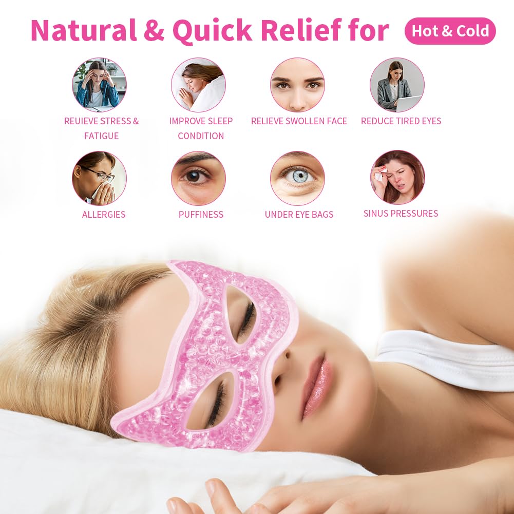 CONBELLA Cooling & Heating Eye Mask - Hot/Cold Use for Puffy Eyes, Headaches, Migraines, Sinus & Dark Circles (2 Packs Pink)