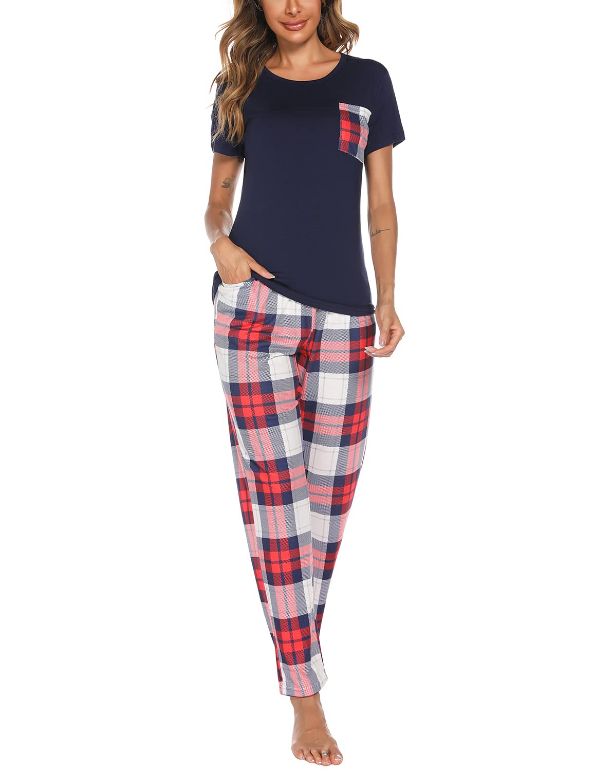 EISHOPEER Womens Red and Navy Classic Plaid Soft Short Sleeve Top and Long Pants Sleepwear Pjs Sets X-Small