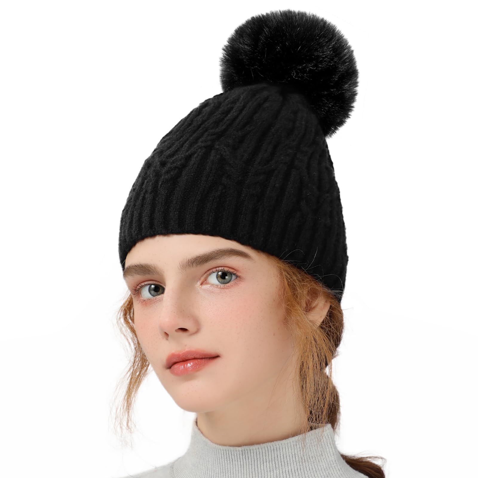 Loiyadn Women's Winter Beanies - Knit Beanie Hats with Faux Fur, Soft and Warm - Black