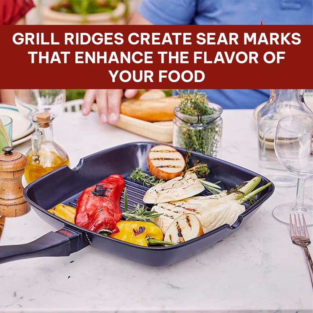 Alva Energy 11 Inch Ceramic Coated Cast Aluminum Grill Pan Nonstick Easy Clean Even Heating with Grill Marks Fat Drainage Lightweight Sturdy Indoor Oven Induction Cooking Stay Cool Balanced Handles