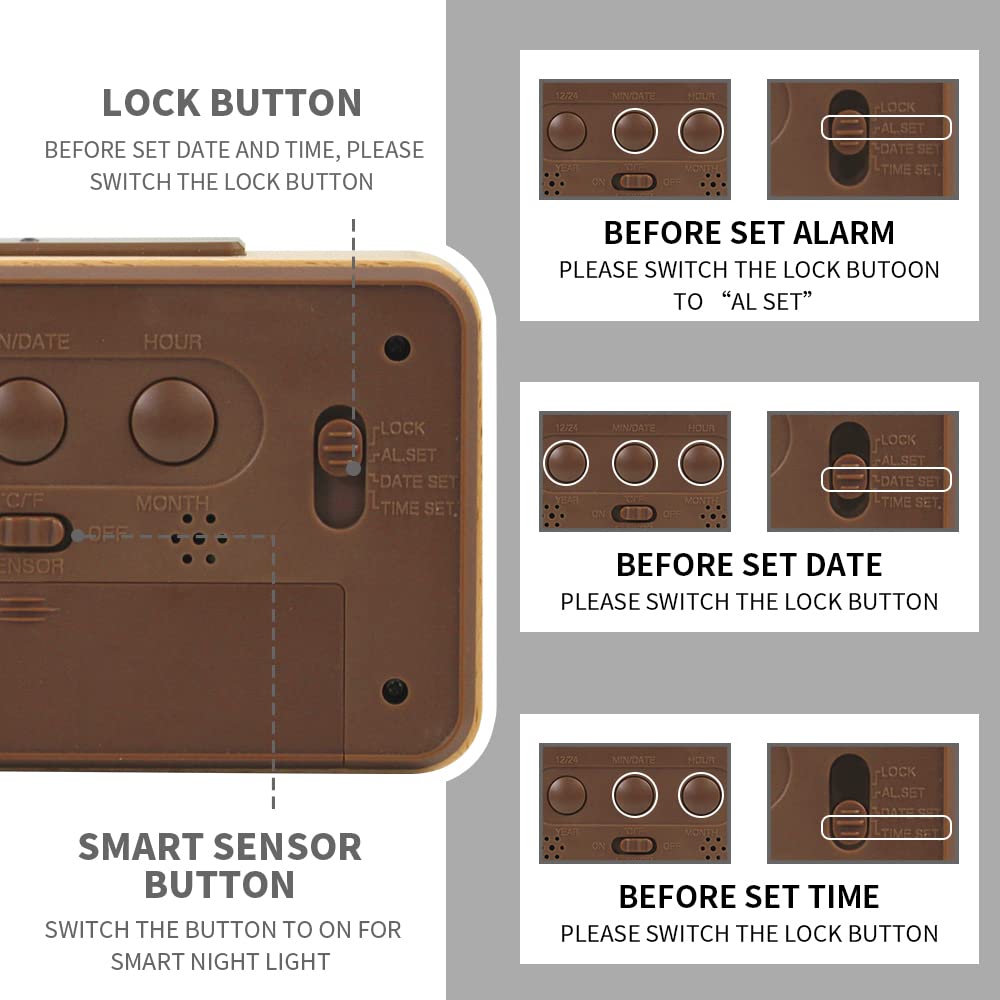everwood Wooden Digital Alarm Clocks for Bedrooms Battery Operated, Wooden LCD Digital Clock with Smart Sensor Night Light, Temperature Detect, Snooze Function
