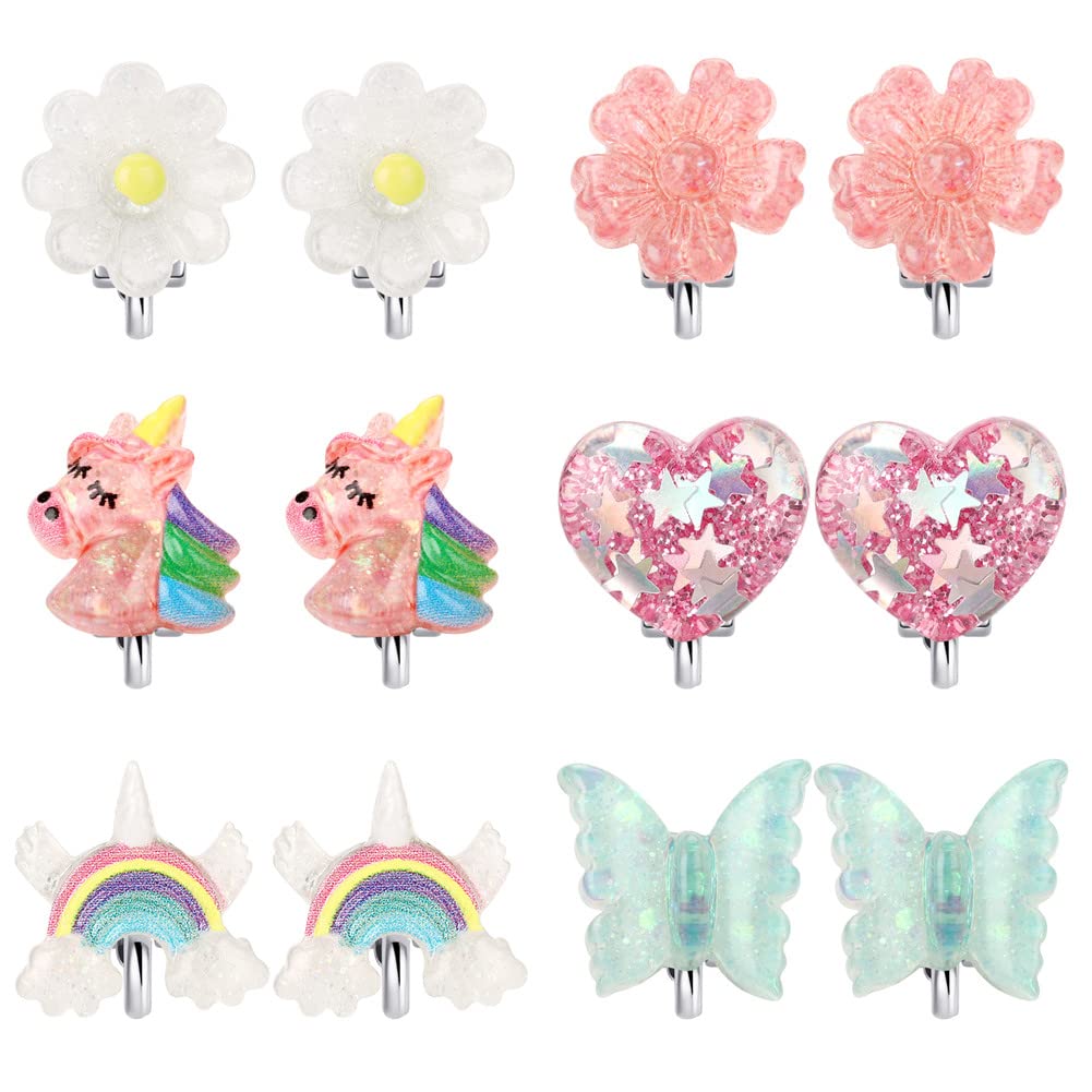 6Pairs Crystal Unicorn Clip On Earrings for Little Girls, Rainbow Earrings Butterfly Earrings Toddler Girls Dress Up Jewelry