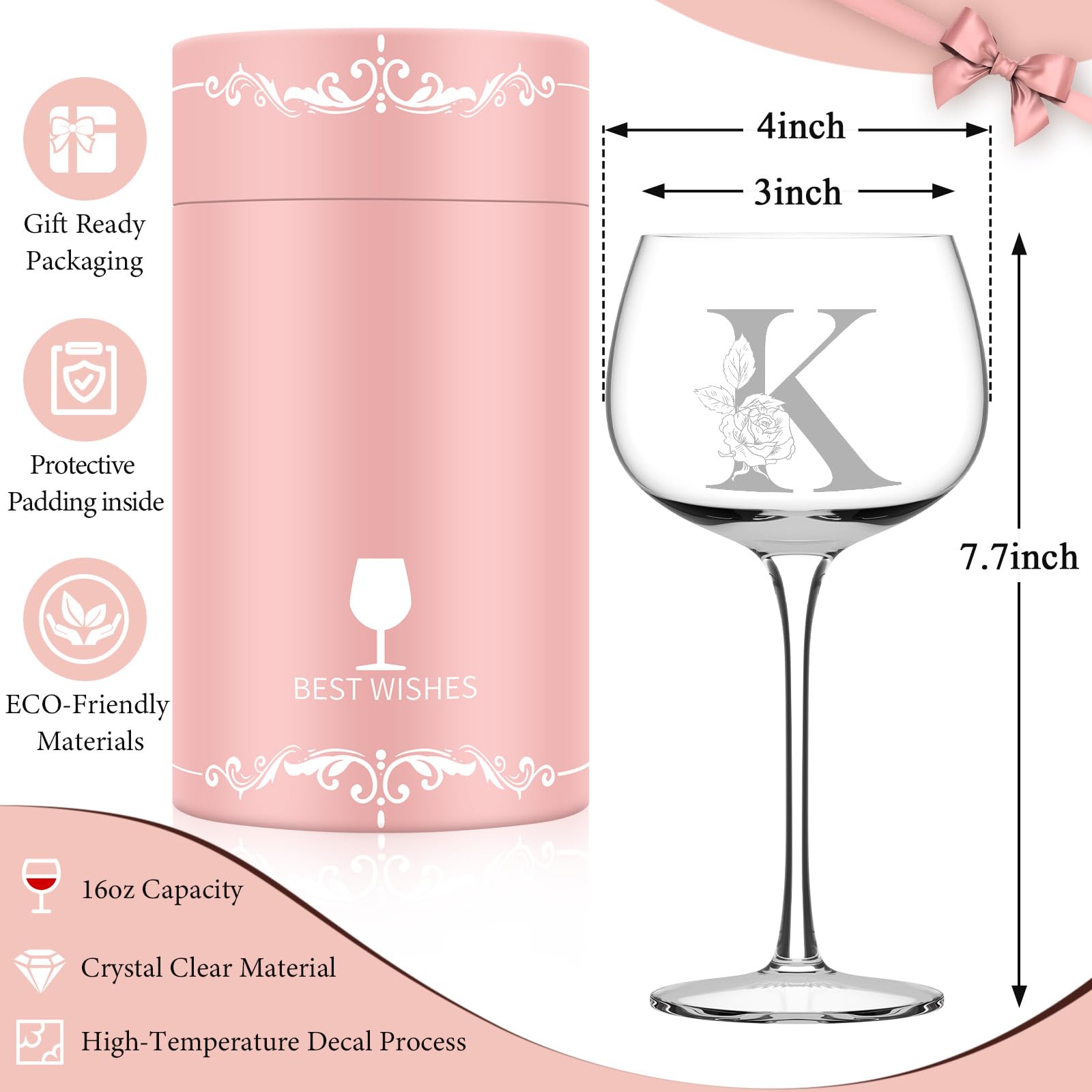 Mothers Day Gifts for Mom Grandma Wife Daughter, Initial A-Z Wine Glass Personalized Gift For Women, Unique Birthday Gifts for Women Her Mom Best Friend Sister Wife (K)
