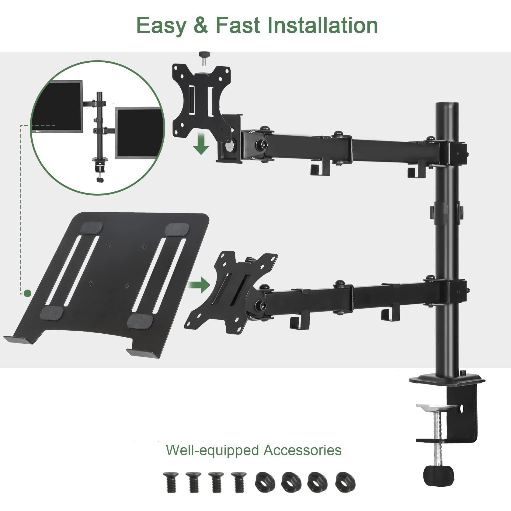 UPGRAVITY Monitor and Laptop Mount, Monitor Arm with Vented Tray for 13" to 27" LCD Computer Screens and Notebook up to 17 inch, Fully Adjustable Laptop Mount Stand Holds up to 17.6lbs