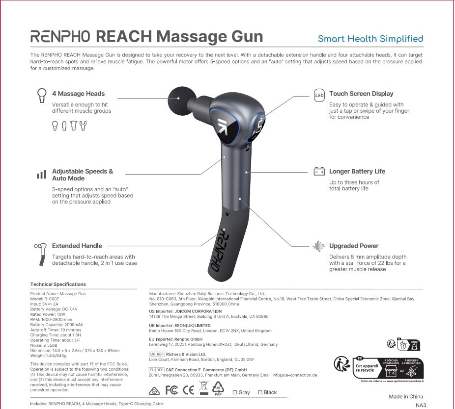 RENPHO Massage Gun with Extension Handle Percussion, Portable Mini Handheld Deep Tissue Muscle Massager with LED Screen for Men Women Back Pain Relief, FSA HSA Eligible, Reach Amber Gray