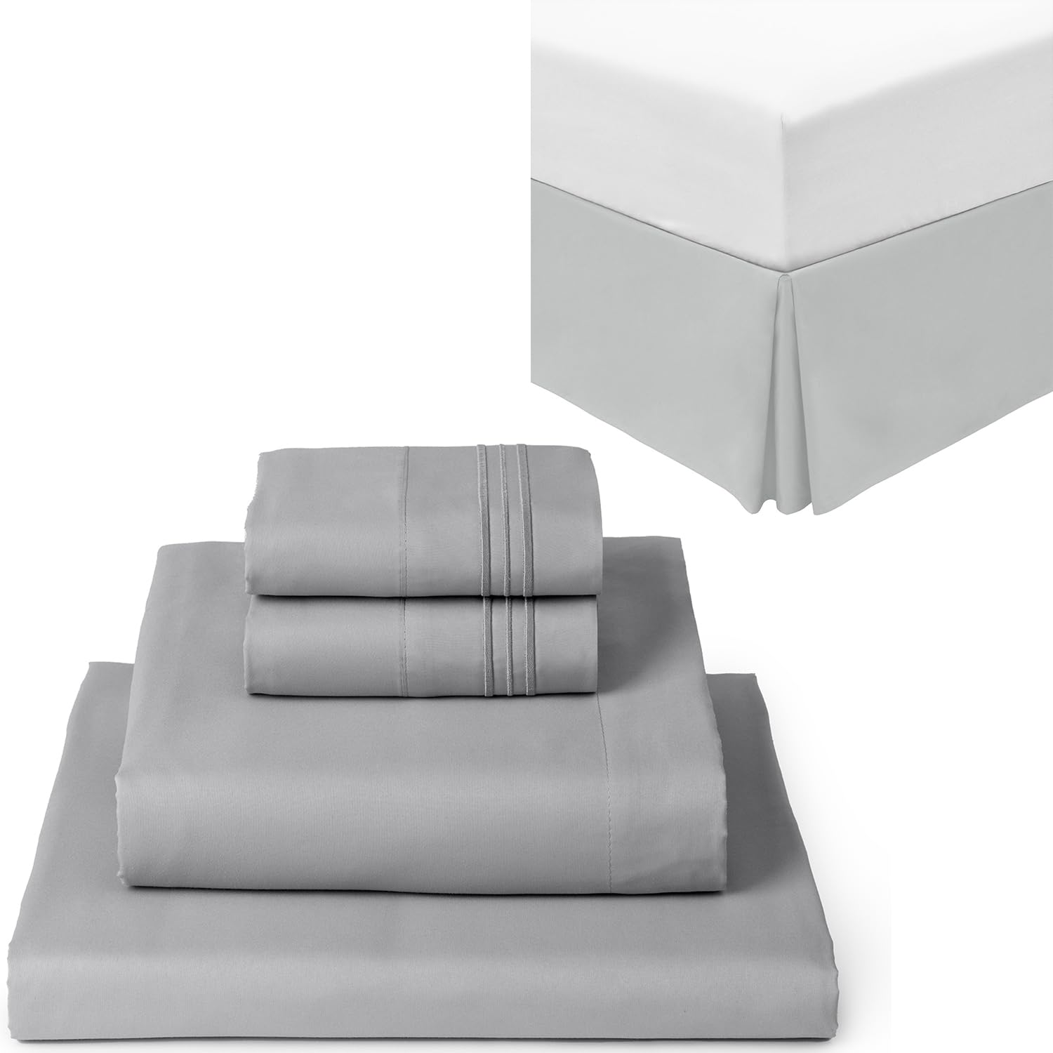 Mellanni King Bed Sheet Set + Bed Skirt Bundle&Save - Hotel Luxury Bedding Sheets & Pillowcases - Bundle Includes: 4pcs Bed Sheet Set and 15-Inch Drop Pleated Bed Skirt (King, Light Gray)