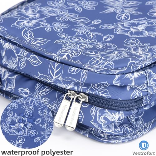 VEXTROFORT Toiletry Bag for Women, Large Hanging Travel Makeup Bag Water-resistant for Toiletries/Cosmetics/Brushes (Blue Floral)