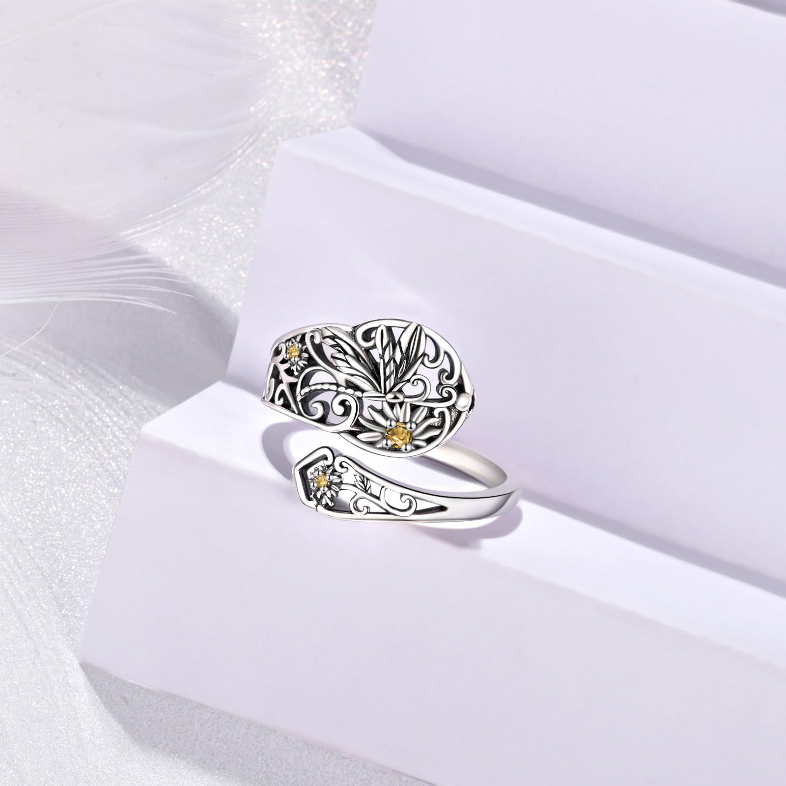 BEILIN Dragonfly Spoon Rings for Women - Sterling Silver Vintage Victorian Style Antique Sunflower Thumb Rings Jewelry Gifts for Mom Daughter Sister