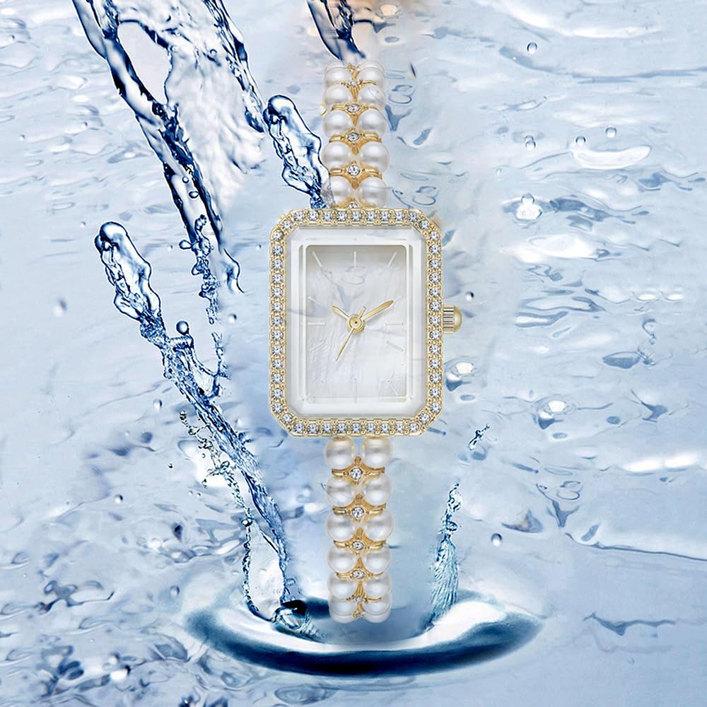BESTKANG Elegant Pearl Watches for Women Small Square Dial Analog Quartz Watch Pearl Strap Diamonds Bracelet Dress Women's Watch (Gold White)