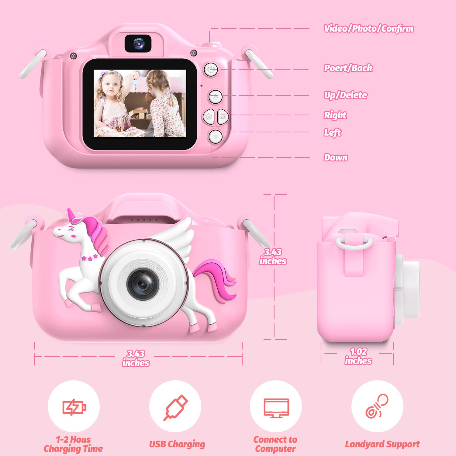 OUTUVAS Unicorn Kids Camera for Girls, Selfie 3-12 Years Old Girls Christmas Birthday Gift Little Toys 3 4 5 6 7 8 9 (Pink)