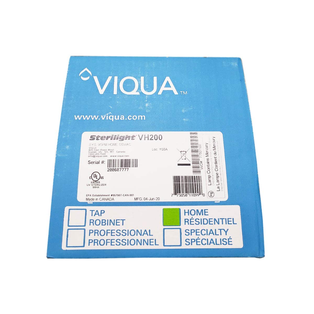 VIQUA VH200 Home Stainless Steel Ultraviolet Water System - 9 GPM 35W