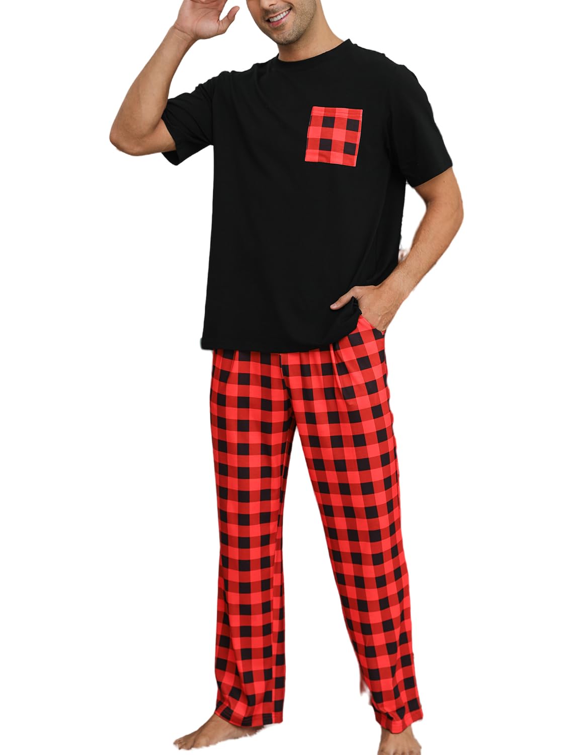 EISHOPEER Couples Matching Pajamas Sets Cotton Short Sleeve Sleepwear Printed Loungewear Pjs Set with Long Pants Black/Red Plaid Large