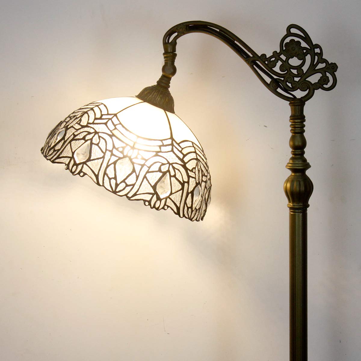 WERFACTORY Tiffany Floor Lamp White Crystal Bent Stained Glass Arched Lamp 12X18X64 Inches Gooseneck Adjustable Corner Standing Reading Light Decor Bedroom Living Room S508W Series