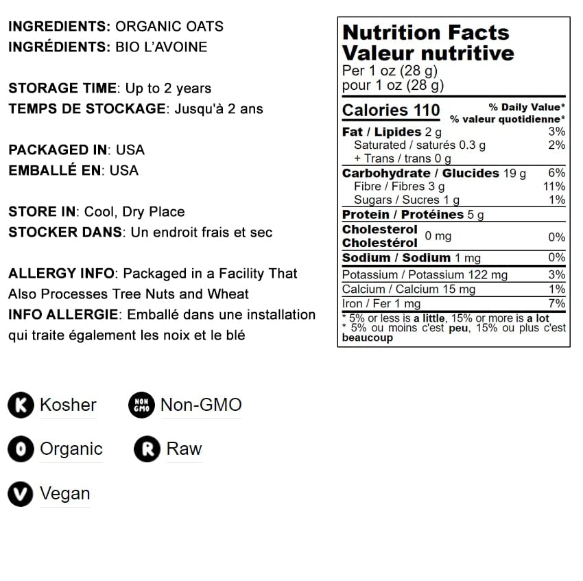 Food to Live Organic Rolled Oats, 1 Pound – Old-Fashioned, 100% Whole Grain, Non-GMO, Raw, Kosher, Bulk Oats. Perfect for Morning Oatmeal and Overnight Oats