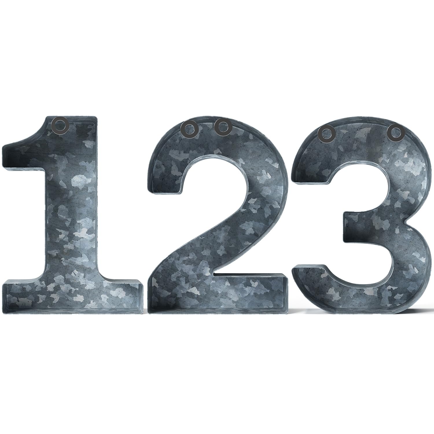 CraftyCrocodile Galvanized Metal Numbers for Wall Decor - 123 for Hanging & Freestanding - Unique Blend of Rustic, Vintage, Western, Industrial Styles