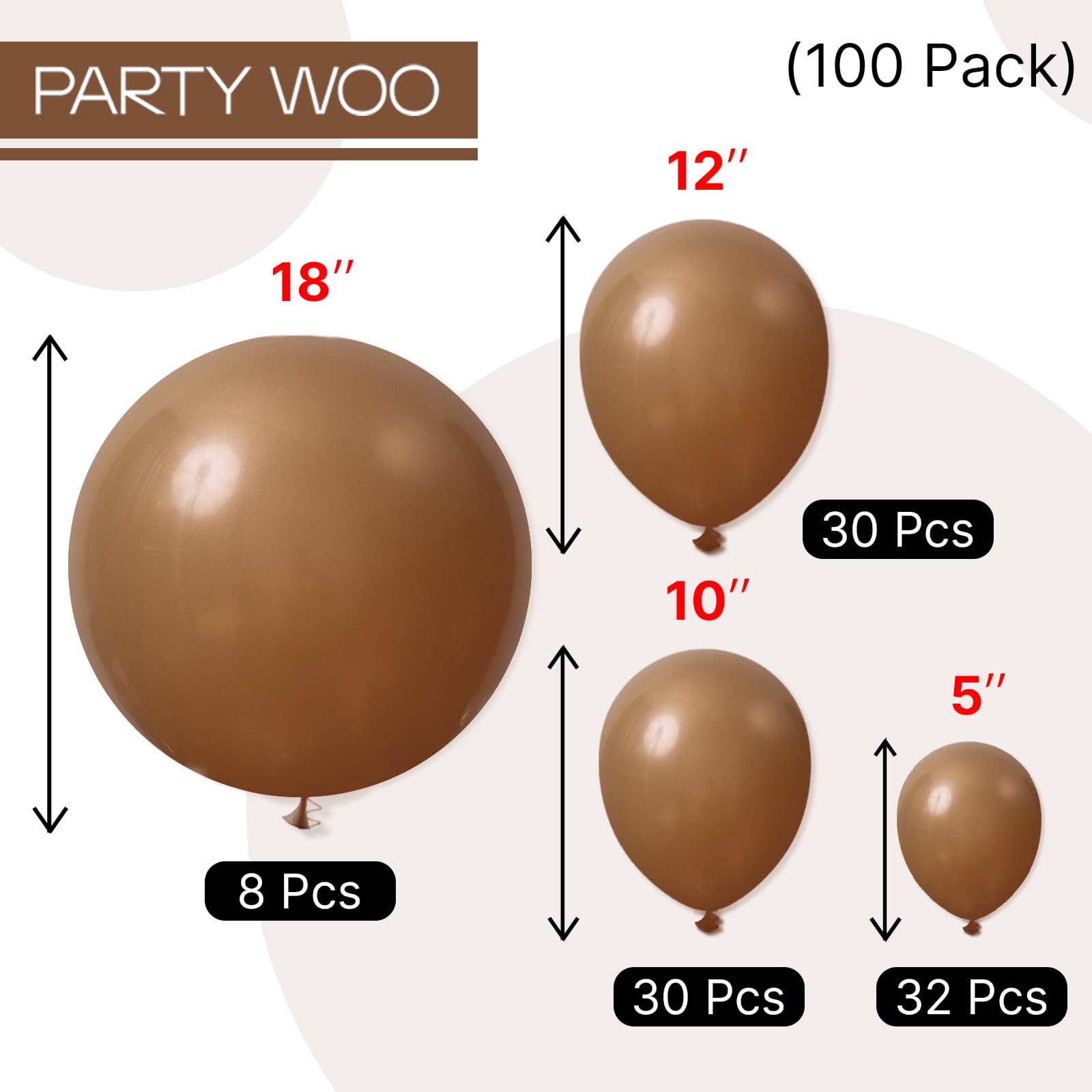 PartyWoo Brown Balloons 100 pcs Different Sizes of 18 12 10 5 Inch Boho Neutral Coffee Dark Brown Balloon Arch Kit Garland for Wedding Baby Shower Gender Reveal Birthday Party Decorations Brown-F09
