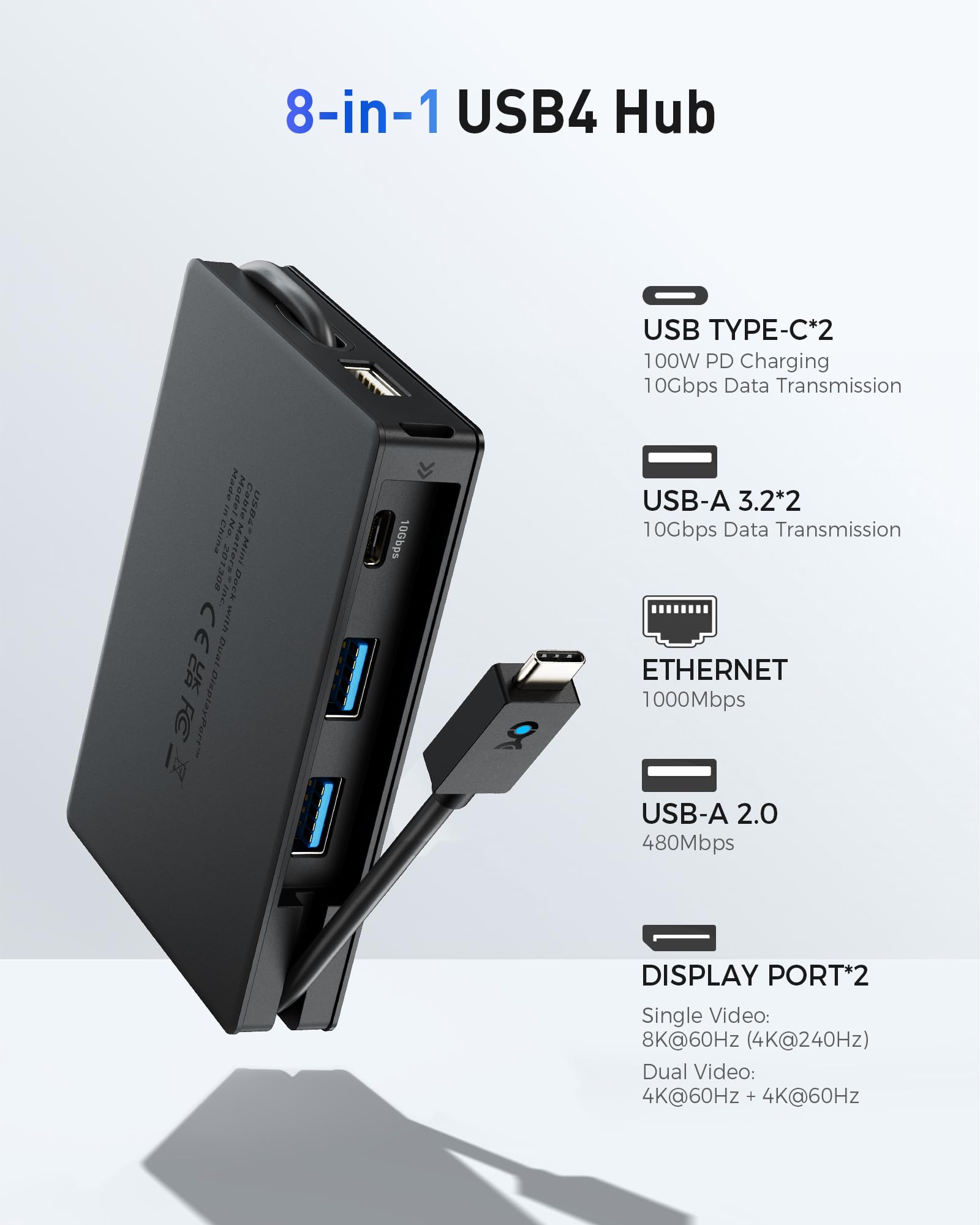 Cable Matters 8-in-1 Portable 40Gbps USB4 Hub (USB 4 Dock) Dual DisplayPort 4K@60Hz, Single DP 4K@240Hz/8K@60Hz, 100W PD, Gigabit Ethernet, Compatible with Thunderbolt 4 (*macOS's Display Limitation)