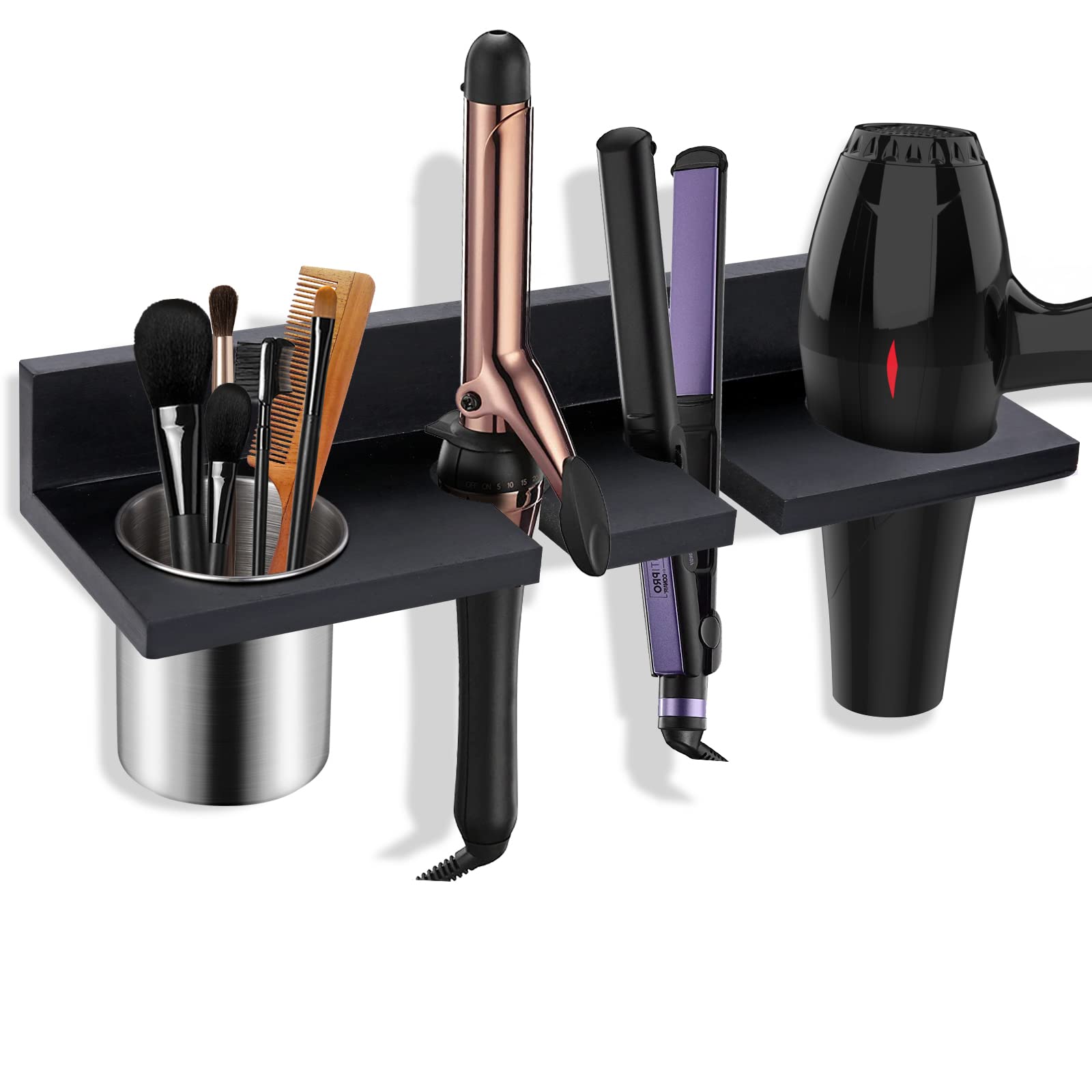 seashpea Hair Tool Organizer Wall Mounted - Wooden Dryer Holder, Blow Dryer Holder for Bathroom, Rustic Styling Tools Organizer for Flat Iron, Curling Wand, Hair Straighteners, Brushes, Black