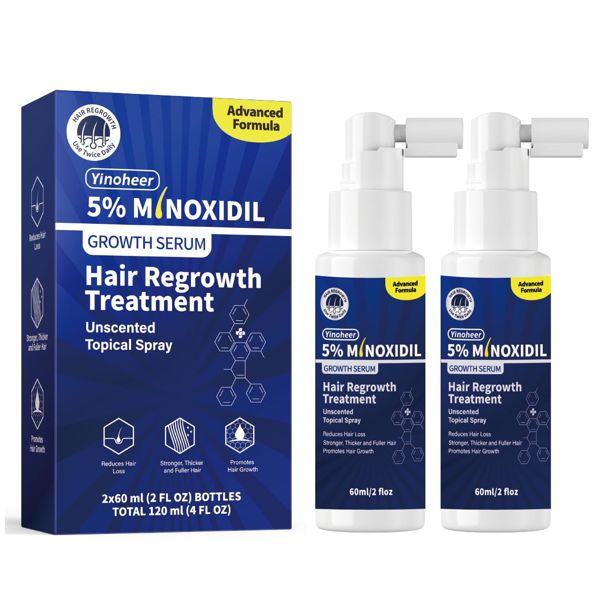 5% Minoxidil Spray for Men and Women, Extra Strength Hair Regrowth Treatment for Men and Women to Combat Hair Loss & Thinning Hair, Topical Solution, No Mess Sprayer, 2-Pack