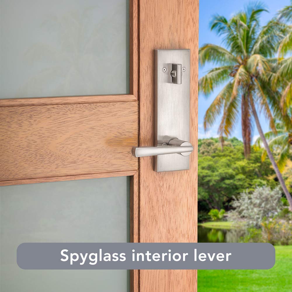 Baldwin Spyglass Single Cylinder Front Door Handleset Featuring SmartKey Security in Satin Nickel, Prestige Series with a Modern Contemporary Slim Door Handleset and Square Lever