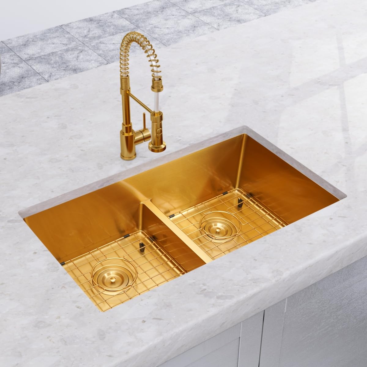 Zeesink Gold Undermount Kitchen Sink 32 X 18 inch,Double Bowl Kitchen Sinks,16 Gauge Stainless Steel Undermount Sink,Special Low-Divide Design