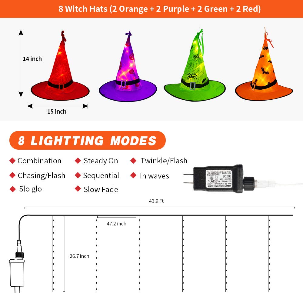 Tcamp Halloween Decorations Lighted Witch Hats Lights, 8Pcs Hanging Glowing Witch Hats with 44ft 104LED Halloween Lights String for Indoor, Outdoor, Yard, Tree Decor (8 Lighting Modes