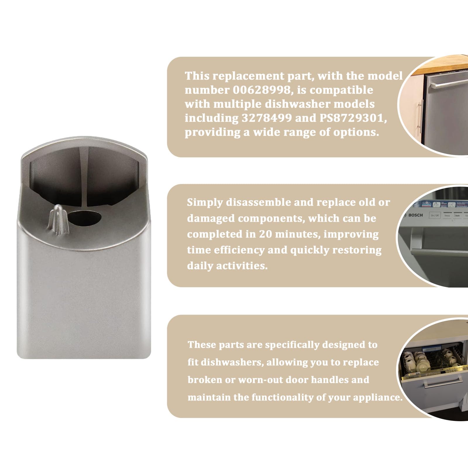 Follde 00628998 Dishwasher Door Handle End Cap for Bosch 3278499 PS8729301 628998, Silvery