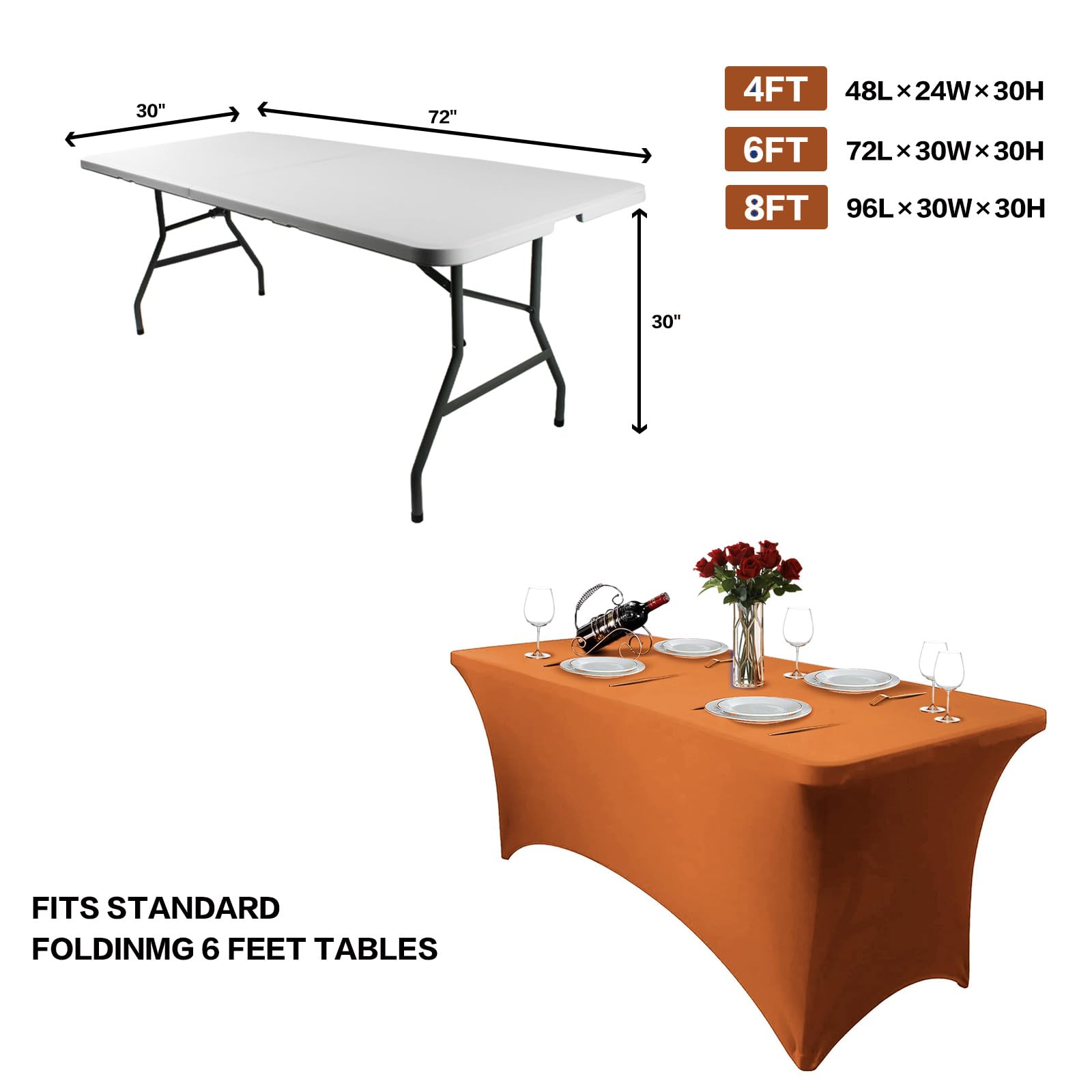Hussome 2 Pack 8FT Table Cloth for Rectangle Table Orange Tablecloth Rectangular Fitted Stretch Spandex Table Covers 8 ft for Birthday, Cocktail, Wedding, Banquet Spring Summer Outdoor Party