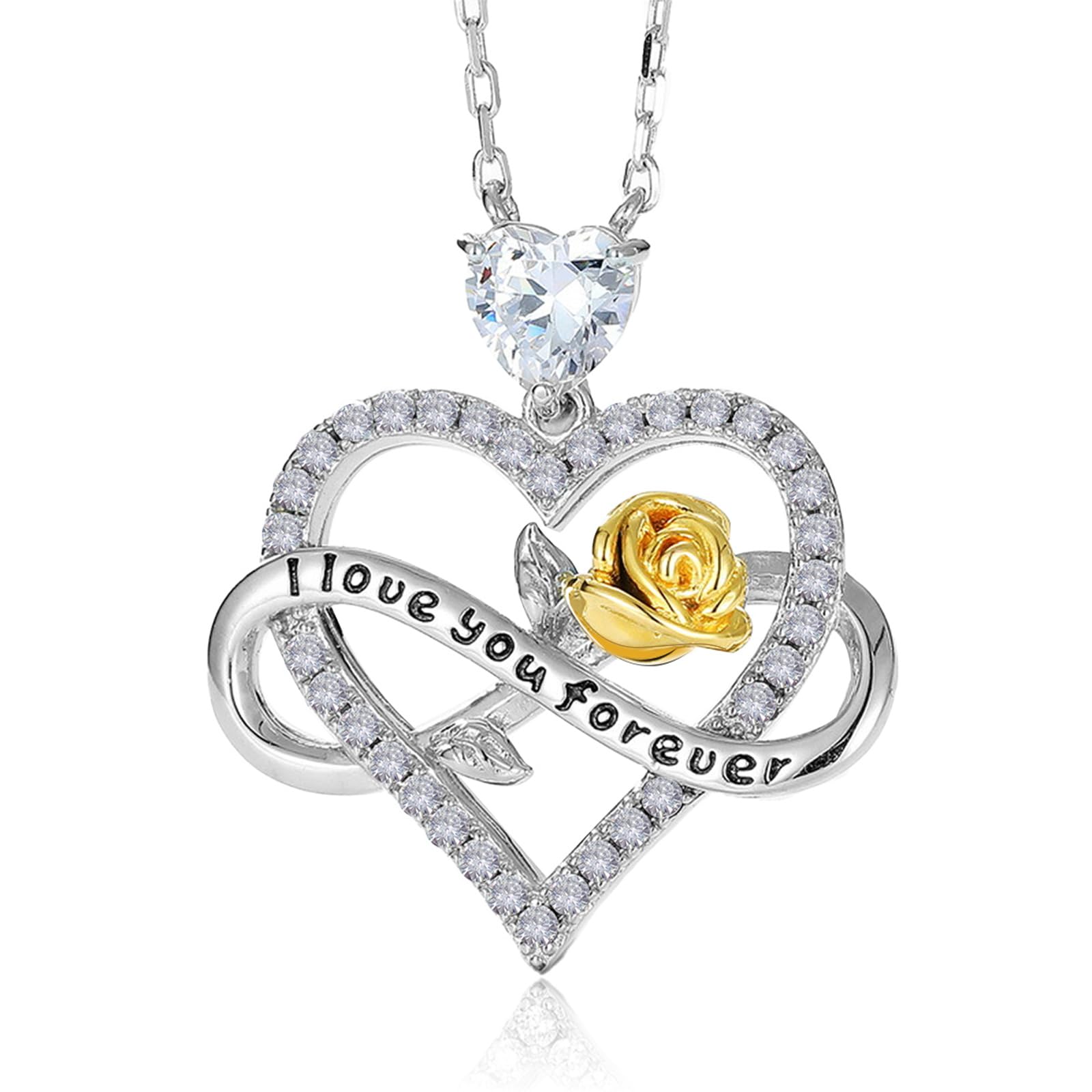 RUKYU 925 Sterling Silver Heart Necklace – 18K White Gold Plated Charm Pendant with Sparkling Cubic Zirconia - Elegant Heart Necklaces for Women on Birthday,Graduation