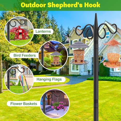 RCUICA Double Shepherds Hooks for Outdoor,2 Pack 110 Inch Bird Feeder Pole with 5 Prongs Base,Heavy Duty Shepherds Hook,Suitable for Garden in Hanging Flower Basket,Lantern,Bird Nests (110 Inch)