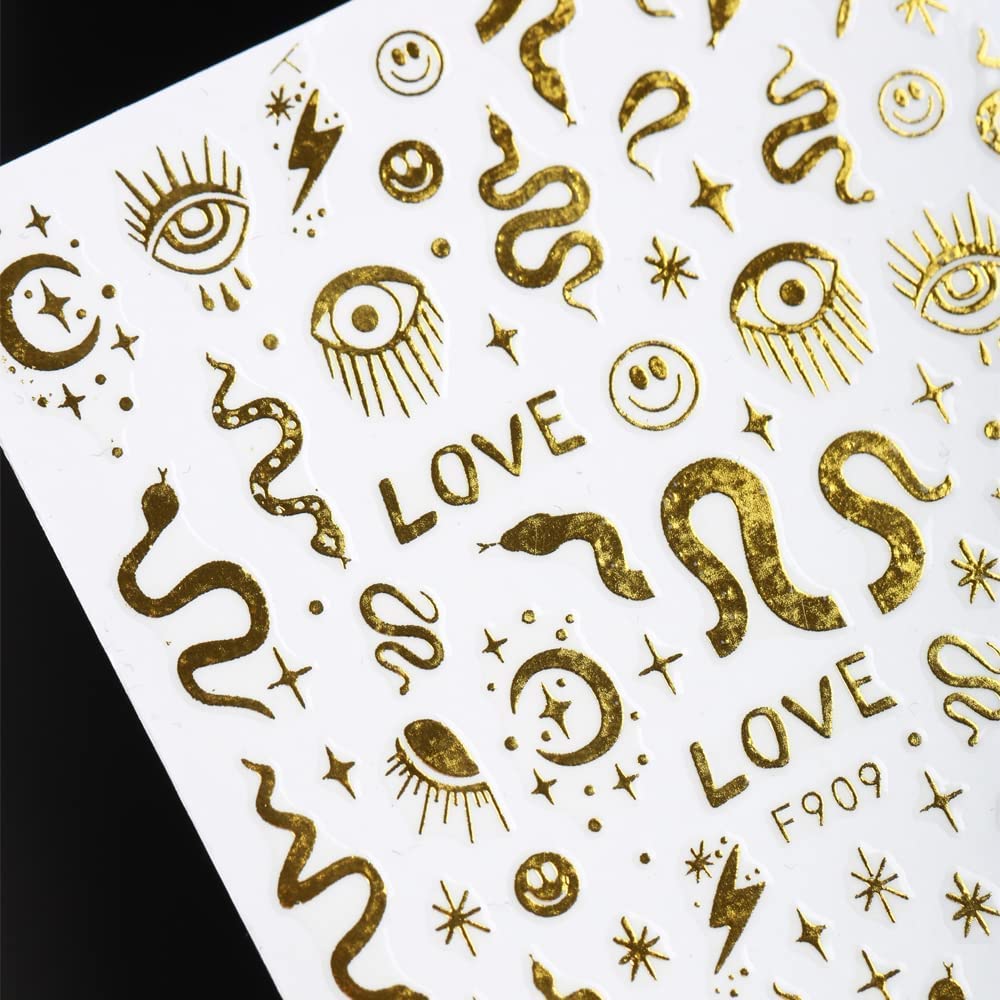 8 Sheets Gold Snake Nail Stickers 3D Bronzing Rose Eyes Heart Nail Art Decorations Self-Adhesive Stickers for Acrylic Nail Art Decals Women Nail Accessories Nail Supplies