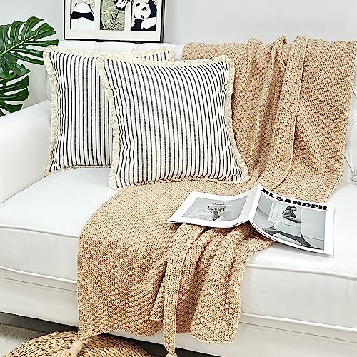 LMYUHONG Linen Throw Pillow Covers 18x18 Set of 2, Black Striped Beige Pillow Covers with Fringe, Boho Decorative Pillows Cover Farmhouse Square Cushion Case for Sofa Couch Bed Living Room Decor