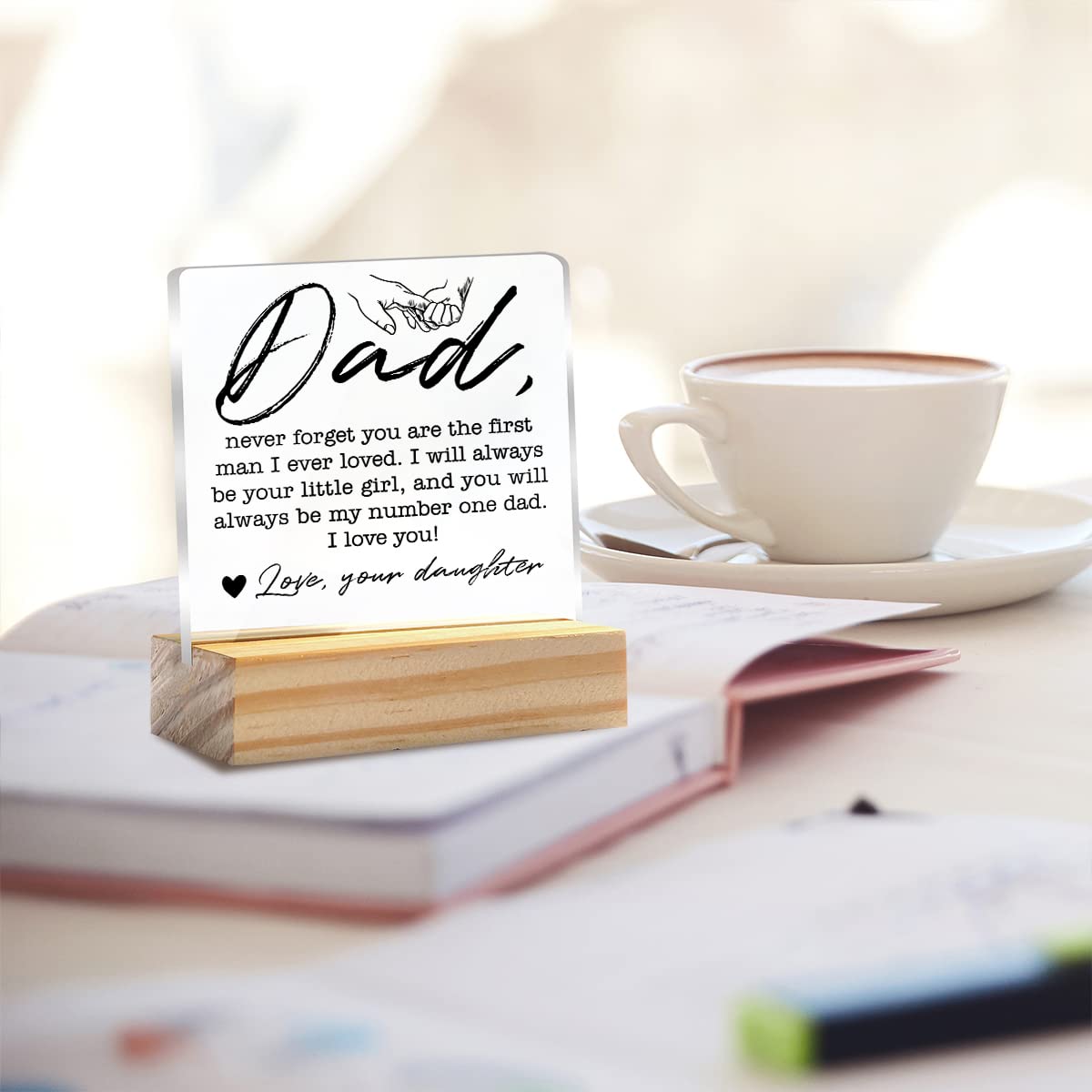 Dad Gift for Birthday Father’s Day Dad Never Forget You are the First Clear Desk Decorative Sign Keepsake Present Father Acrylic Plaque with Wooden Stand Sign Desk Decor for Home Office