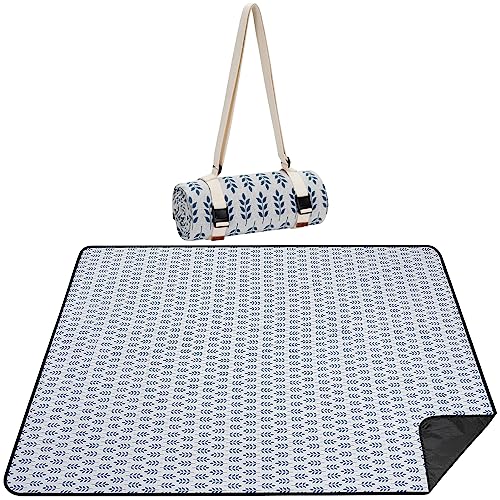 WILLOW WEAVE Picnic Blankets Washable | Beach Mat Sand Free Waterproof | Camping Blankets | Emergency Blankets | Picnic Baskets Accessories with Waterproof Backing and Shoulder Strap - BlueLeaf