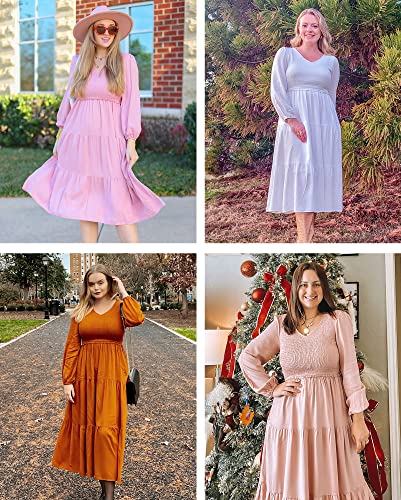 MEROKEETY Women's Long Ballon Sleeve V Neck Dress Smocked Casual Solid Ruffle Flowy Swing Dresses,Wine,M