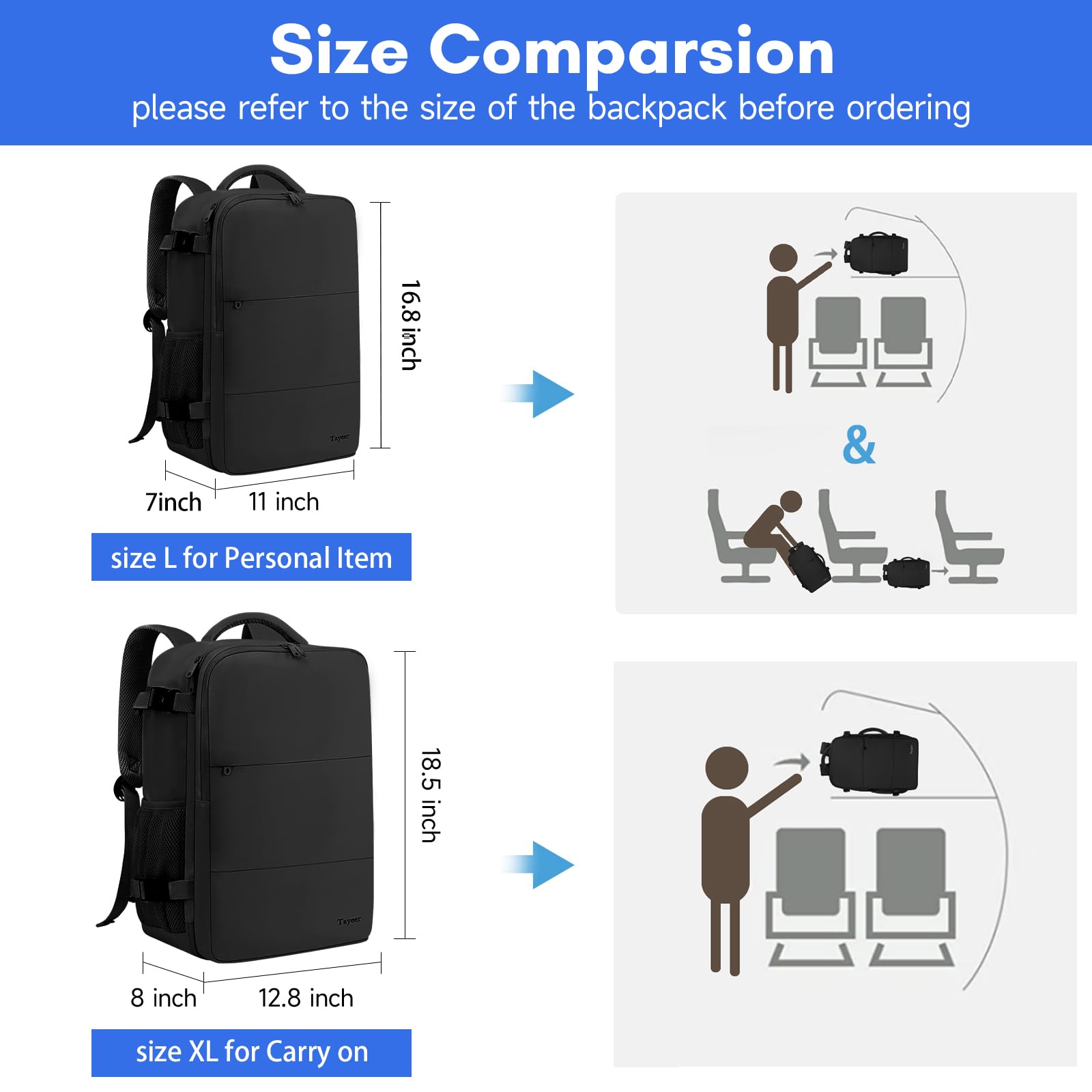 Taygeer Travel Laptop Backpack for Men Women, Airplane Approved Travel Backpack Suitcase with Usb Charging Port, Lightweight College 35l Luggage Bag 15.6inch Laptop Mochila Gifts for Business,Black