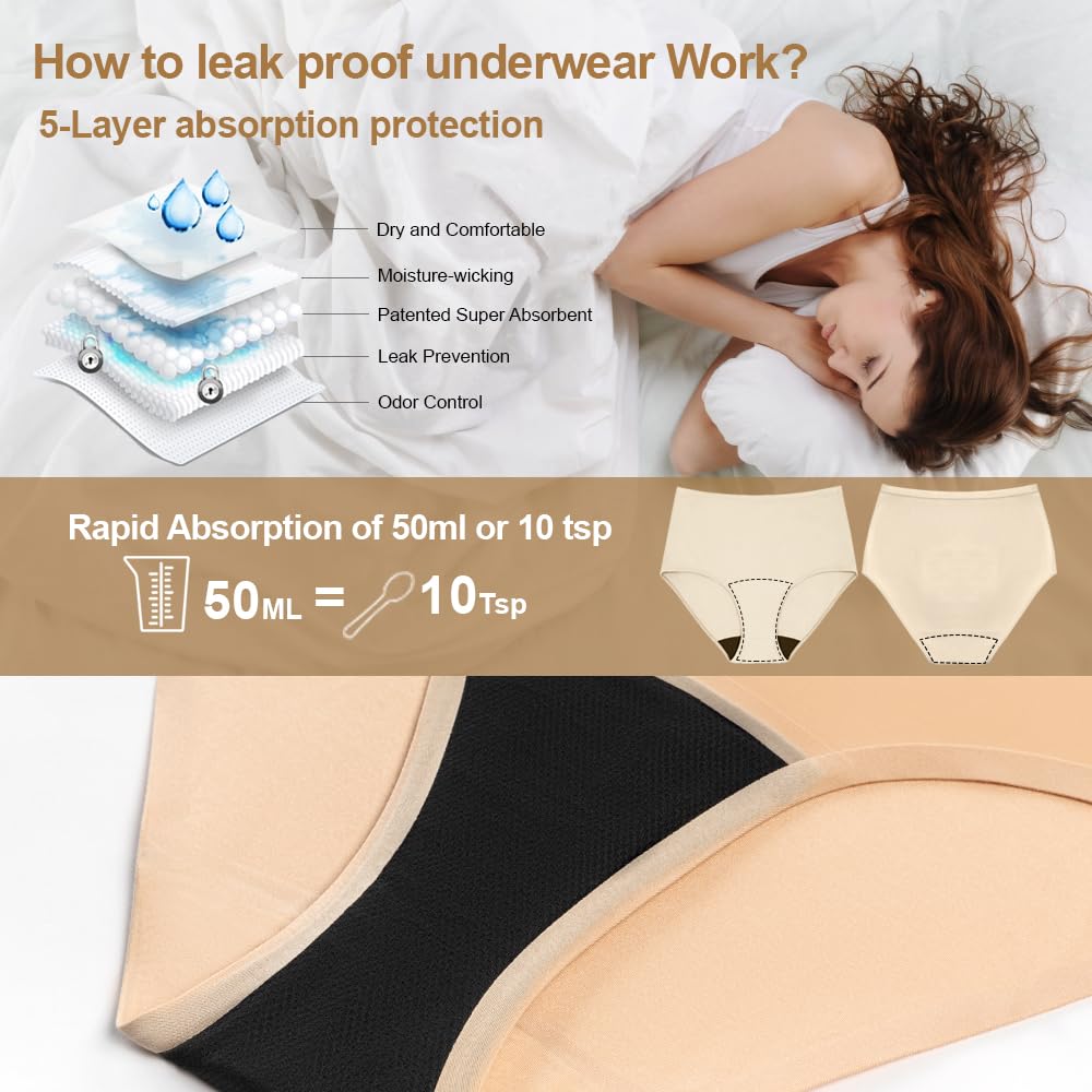 BATTEWA Incontinence Underwear for Women Washable, Leak Proof Underwear High Absorbency, Bladder Leak Underwear Protective Briefs, Seamless Panties 50ml, Beige, Medium(3 Pack