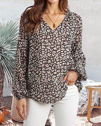 BTFBM Women Casual Boho Blouse Fashion Floral Shirts V Neck Long Puff Sleeve Lightweight Chiffon Summer Fall Tops 2024(Print Orange, Small)