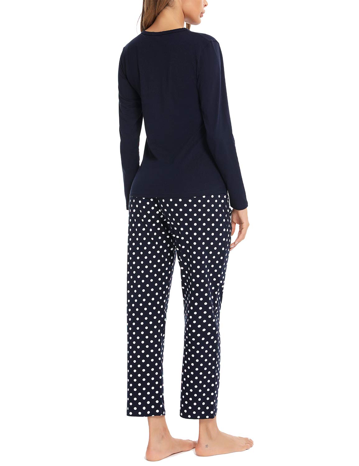 EISHOPEER Women's Long Sleeve Cat Print Top and Polka Dot Pants Sleepwear Pajama Set Navy Blue XS